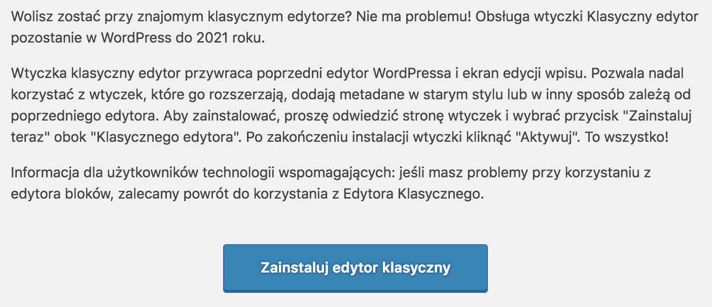 stary "klasyczny" edytor WordPress