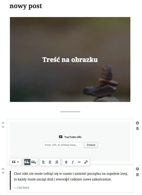WordPress Gutenberg Przykładowe Bloki Cytat Youtube